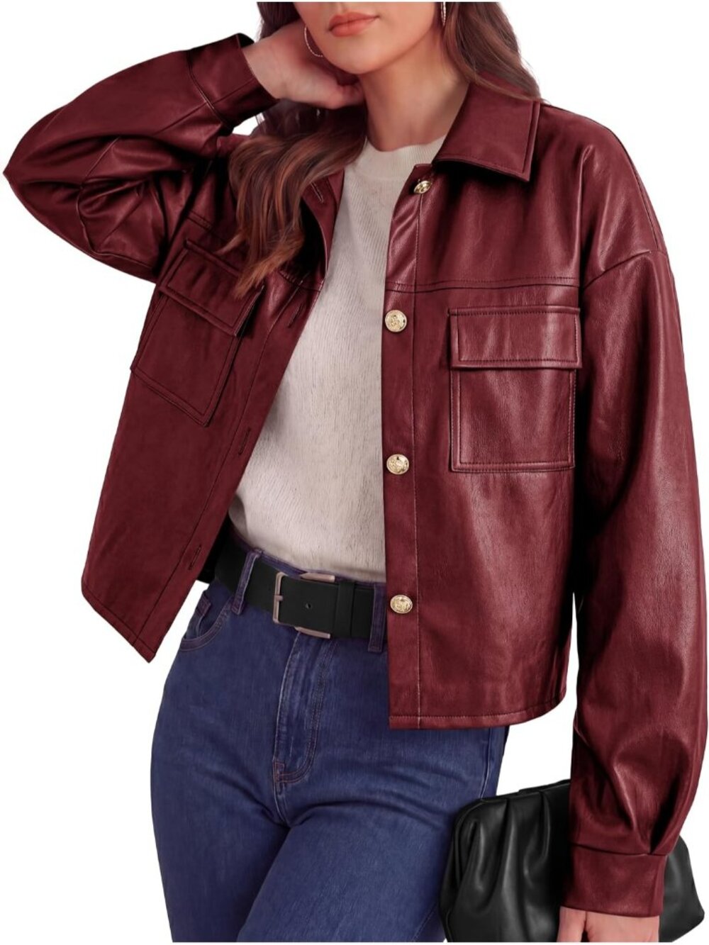 Women's Burgundy Faux Leather Fall Fashion Collar Coats Button Down Jackets